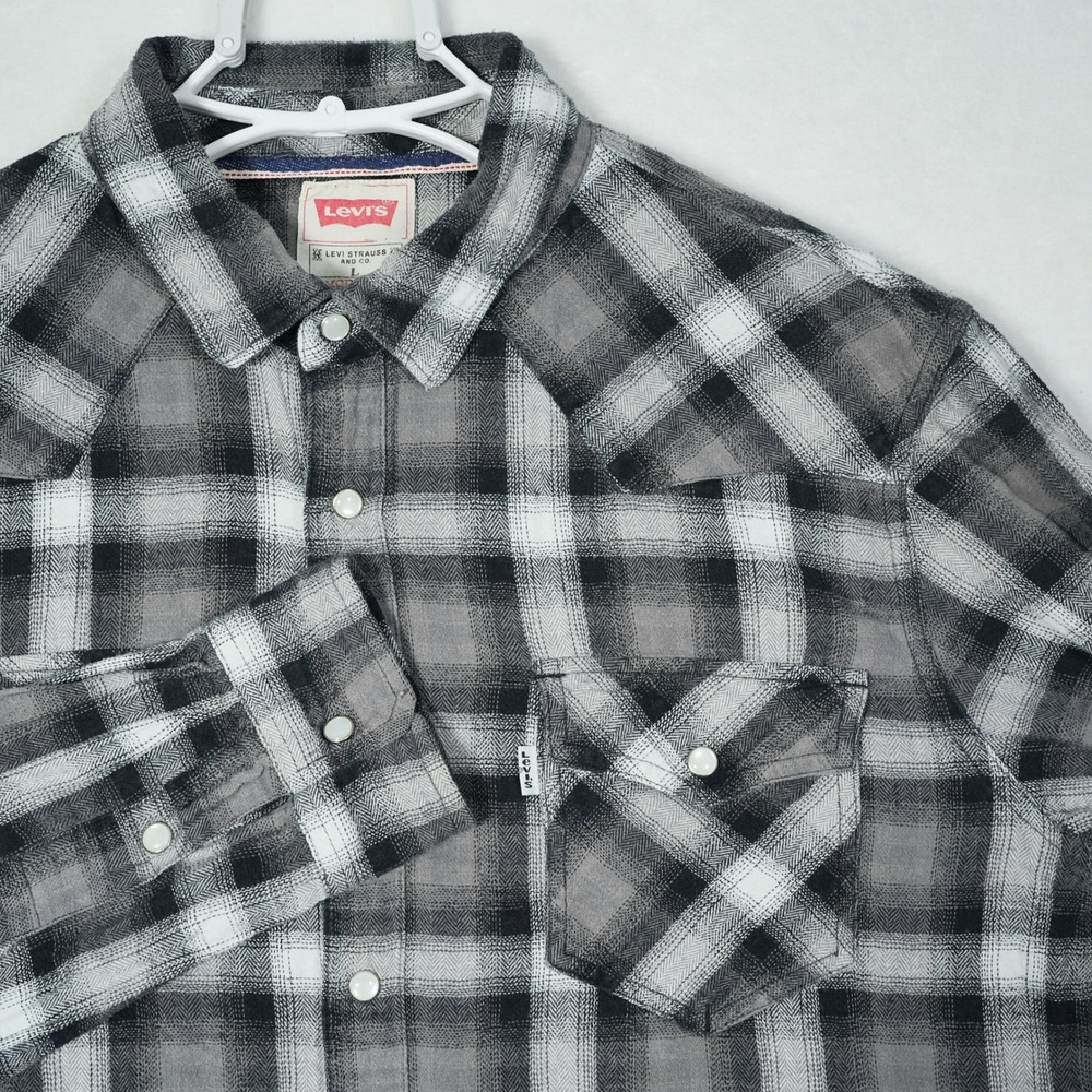 Levis Mens Modern Western Plaid Flannel Shirt Grey Black Pearl Snap‎ 3LYLW0062 L